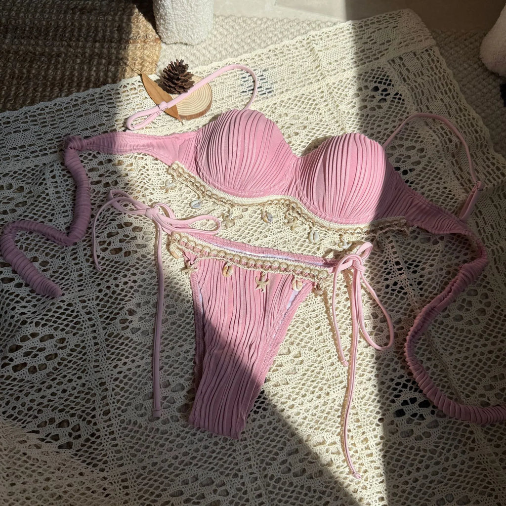 Hot Lingerie Bikini Women's Lingerie Pleated Fabric Bikinis Tie Side Swimwear Ruched Bust Beige Solid Two Piece Bikini Set