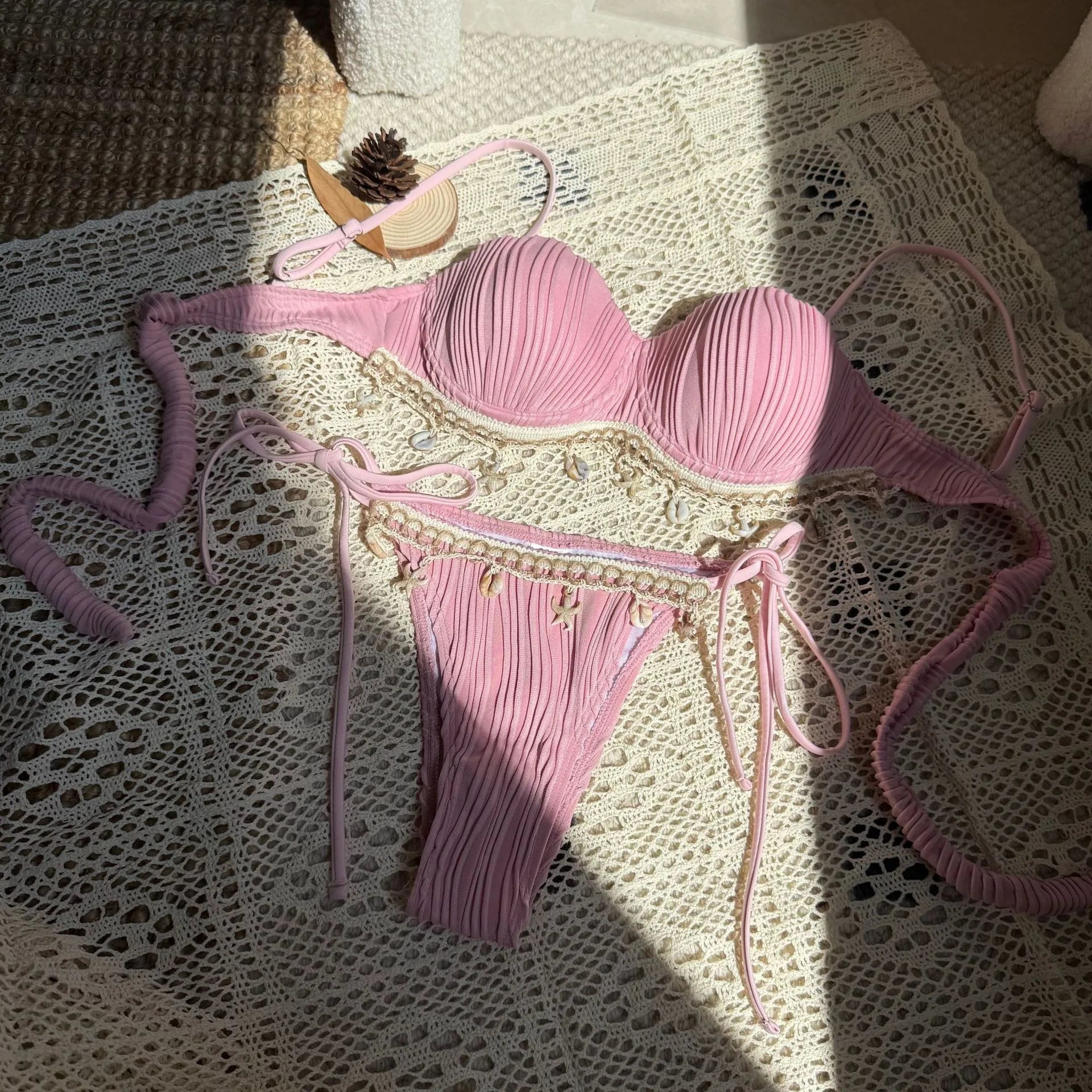 Hot Lingerie Bikini Women's Lingerie Pleated Fabric Bikinis Tie Side Swimwear Ruched Bust Beige Solid Two Piece Bikini Set