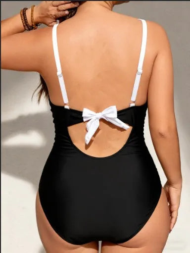Women's 2026 Tankini Plus Size Black And White V Neck Tankini Top Cross Front Ruched Waist Swimdress Open Back Thin Straps