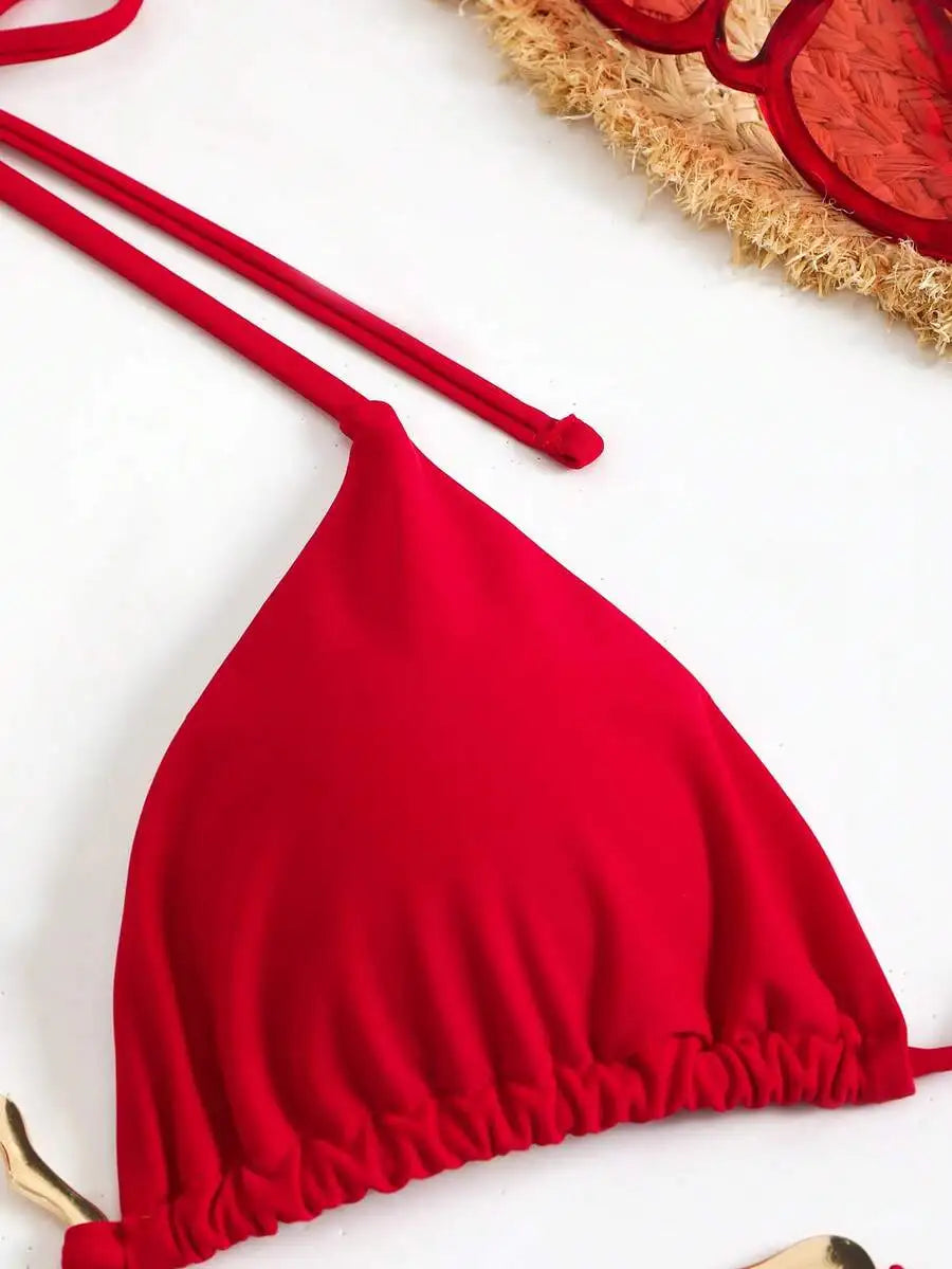 Red Solid Color Strap Buckle Accent Bikini Swimsuit For Women Beach Summer