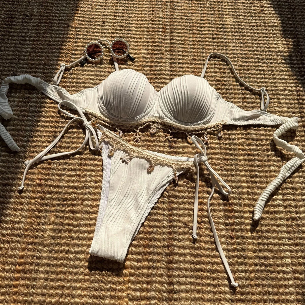 Hot Lingerie Bikini Women's Lingerie Pleated Fabric Bikinis Tie Side Swimwear Ruched Bust Beige Solid Two Piece Bikini Set