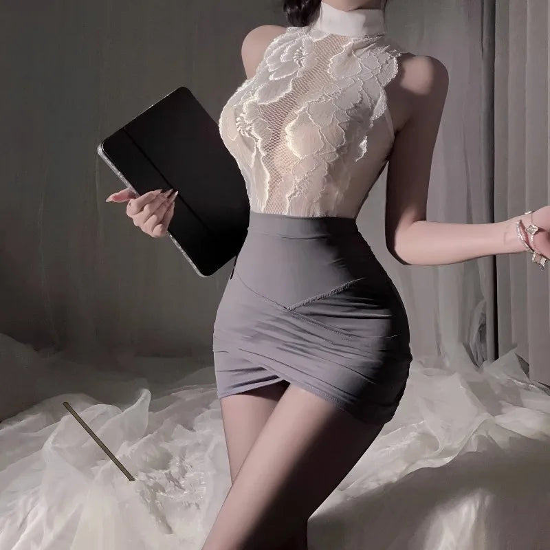 Ladies Sexy Lingerie Stewardess Outfit Secretary Lace Uniform Set Professional Role-Playing Butt-Covering Skirt Tempting Hollow