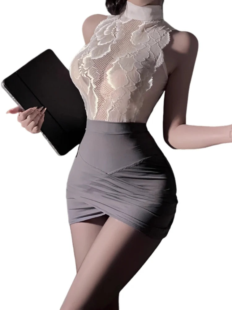 Ladies Sexy Lingerie Stewardess Outfit Secretary Lace Uniform Set Professional Role-Playing Butt-Covering Skirt Tempting Hollow