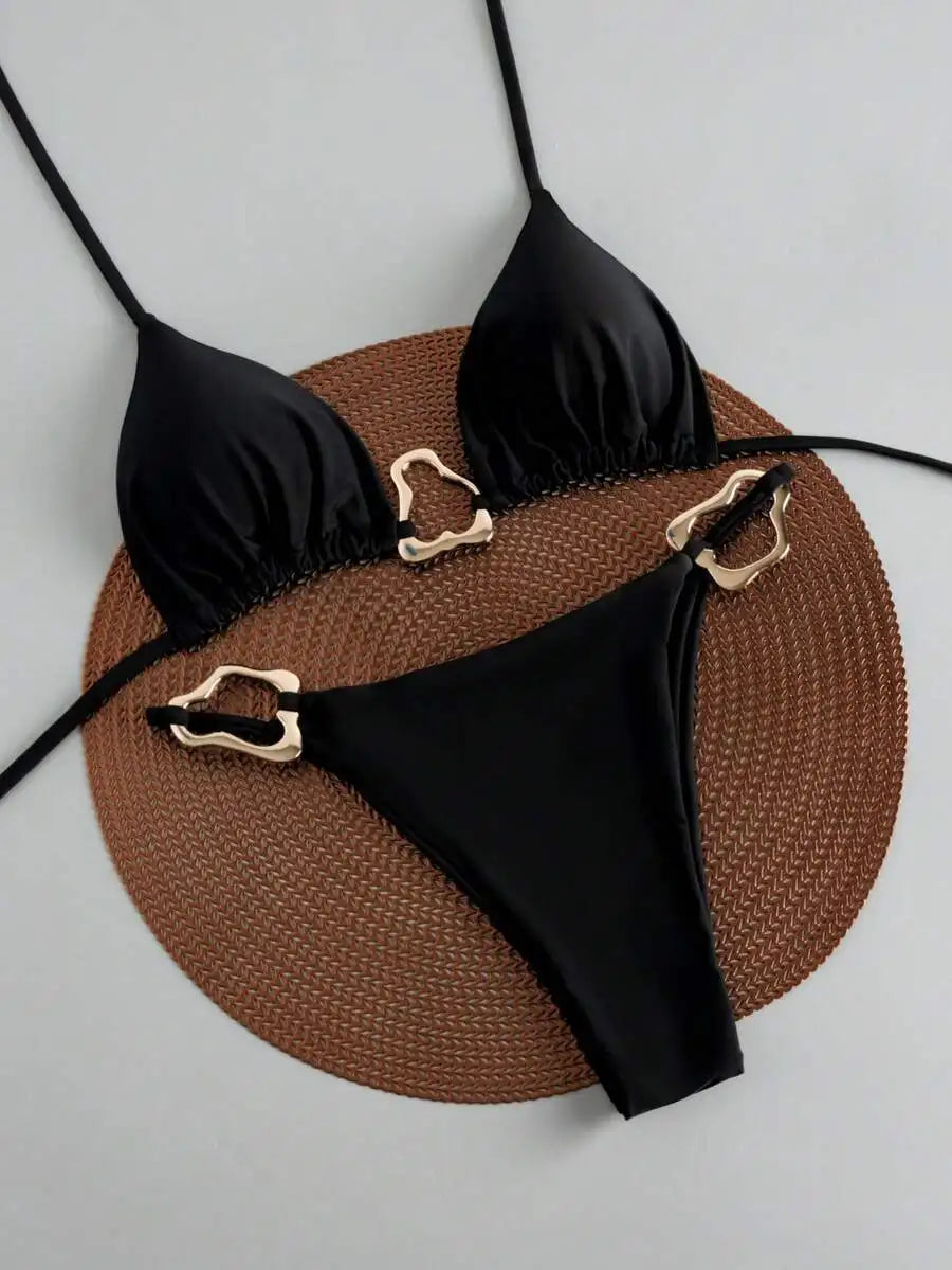 Red Solid Color Strap Buckle Accent Bikini Swimsuit For Women Beach Summer