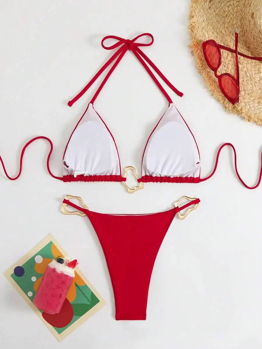 Red Solid Color Strap Buckle Accent Bikini Swimsuit For Women Beach Summer