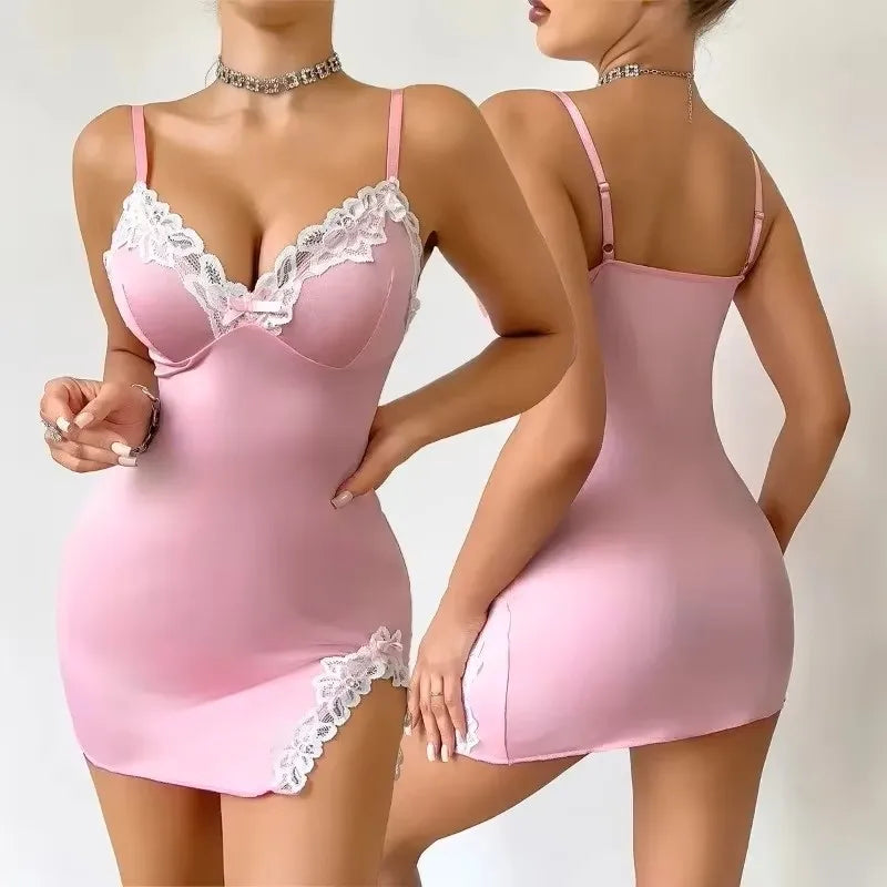 Summer hot Women Nightdress Seductive Pink Deep V Sleeveless Fashion Lace Sleep Pajamas Dress Ladies Lingerie Nightgown Homewear
