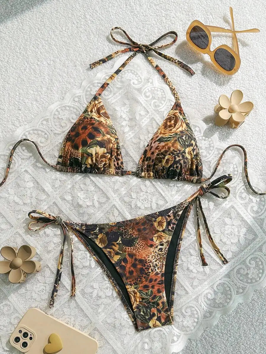 Floral Leopard Print Halter Triangle Top And Side Tie Bikini Set