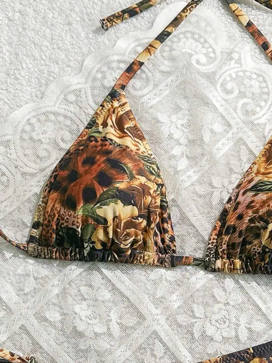 Floral Leopard Print Halter Triangle Top And Side Tie Bikini Set