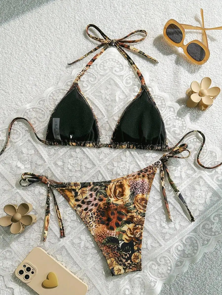 Floral Leopard Print Halter Triangle Top And Side Tie Bikini Set