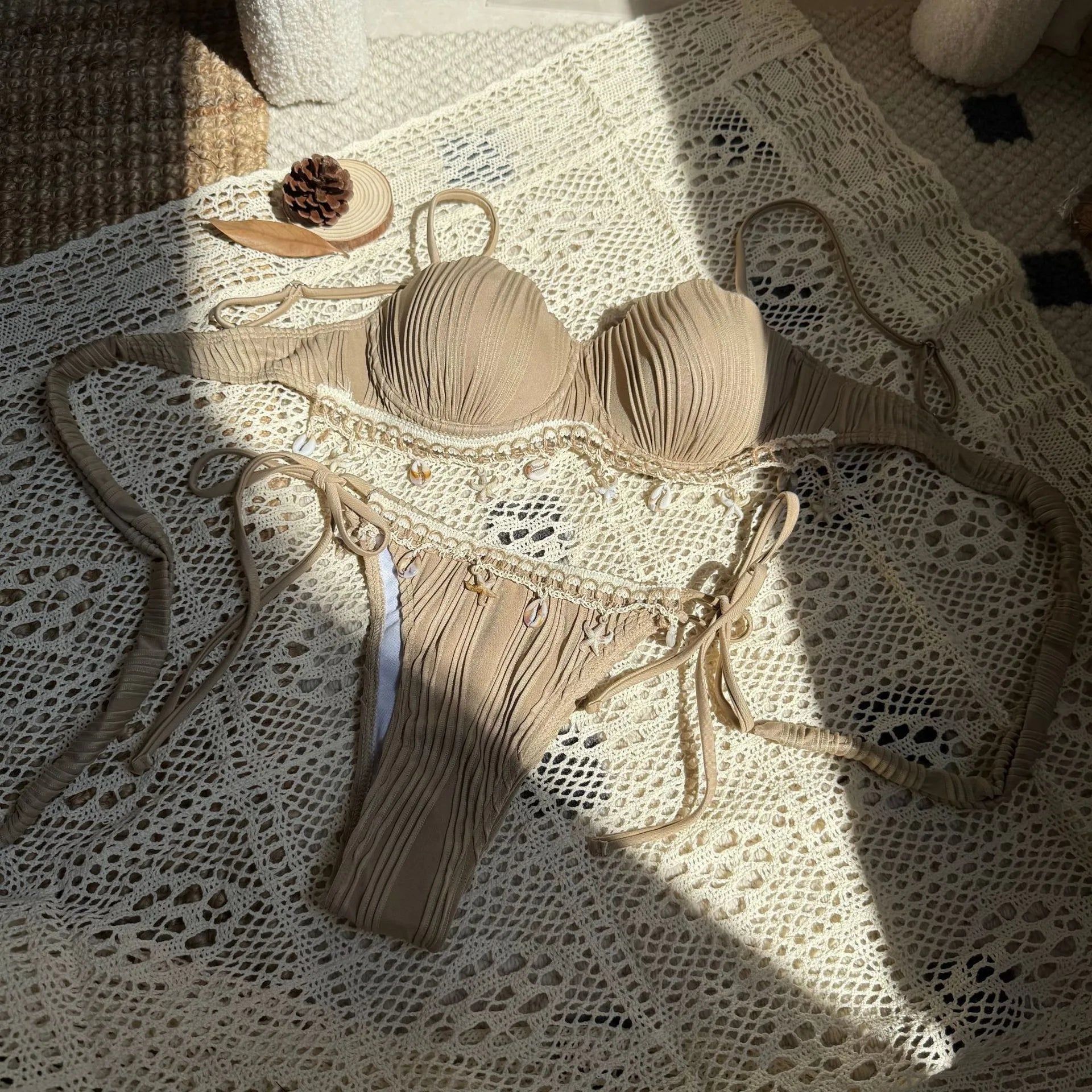 Hot Lingerie Bikini Women's Lingerie Pleated Fabric Bikinis Tie Side Swimwear Ruched Bust Beige Solid Two Piece Bikini Set