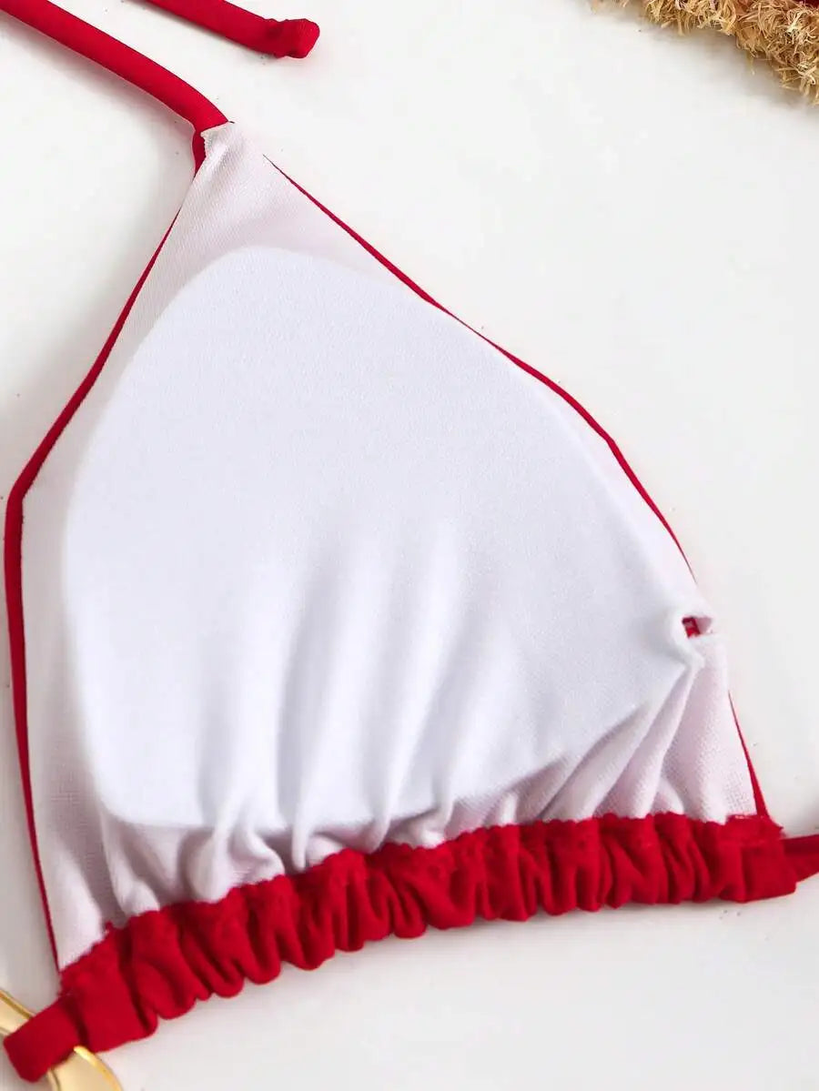 Red Solid Color Strap Buckle Accent Bikini Swimsuit For Women Beach Summer