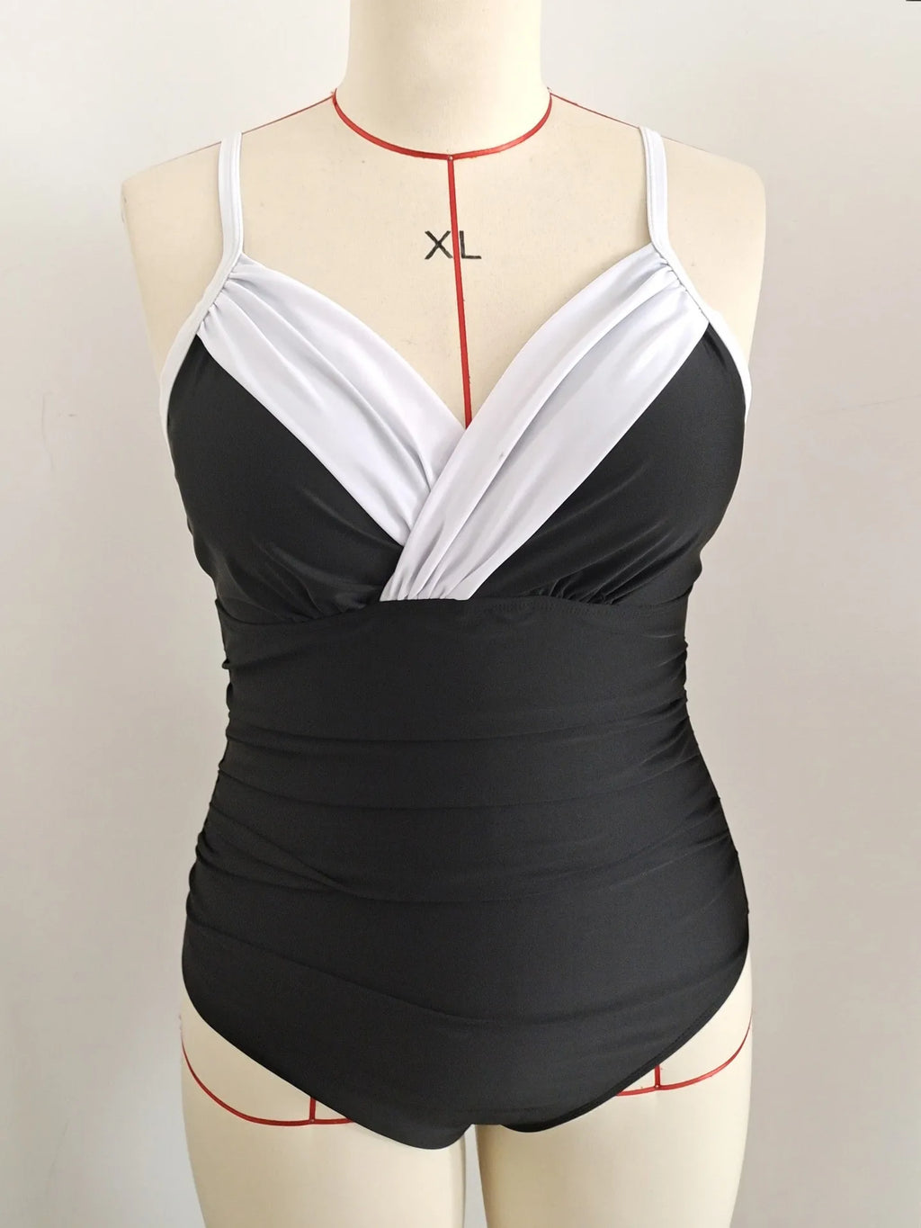 Women's 2026 Tankini Plus Size Black And White V Neck Tankini Top Cross Front Ruched Waist Swimdress Open Back Thin Straps