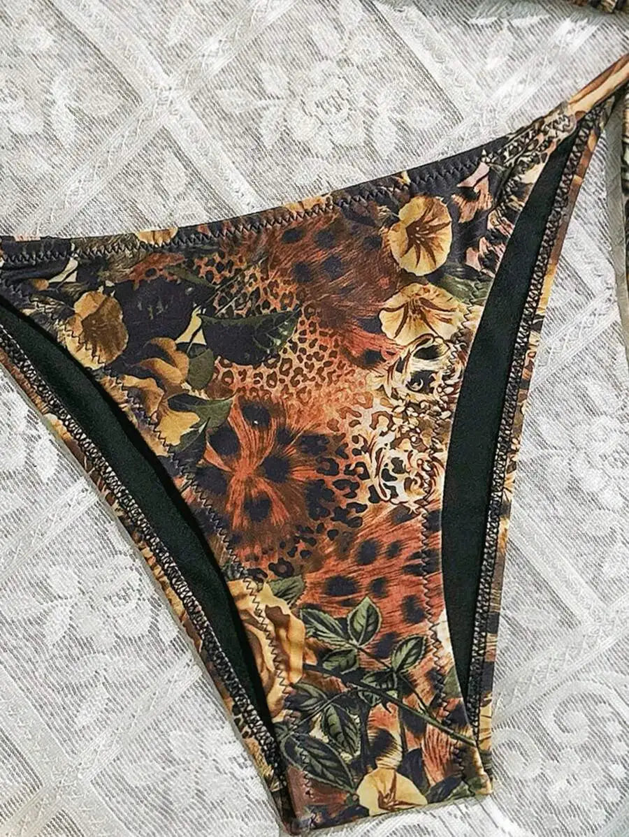 Floral Leopard Print Halter Triangle Top And Side Tie Bikini Set